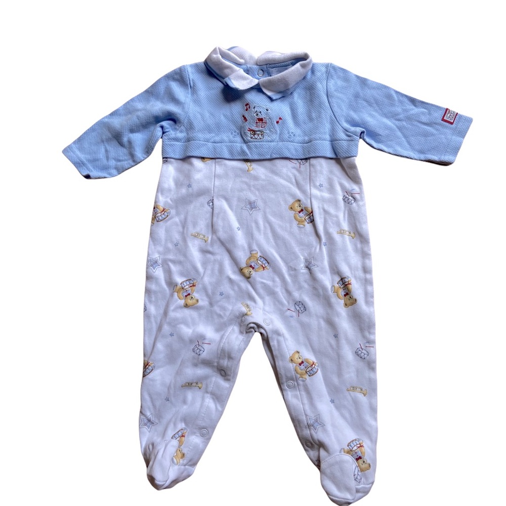 Pant Footie Romper Jumper Size 6 Months Drummer Teddy Bear Print Two Tone Blue
